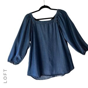 LOFT CHAMBRAY DOUBLE TIE BACK SQUARE NECK TOP TENCEL LIKE NEW BLOUSON SLEEVES SM